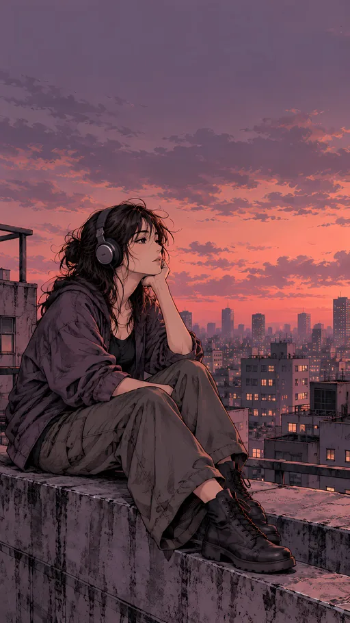 Headphones on the Rooftop — Anime wallpaper