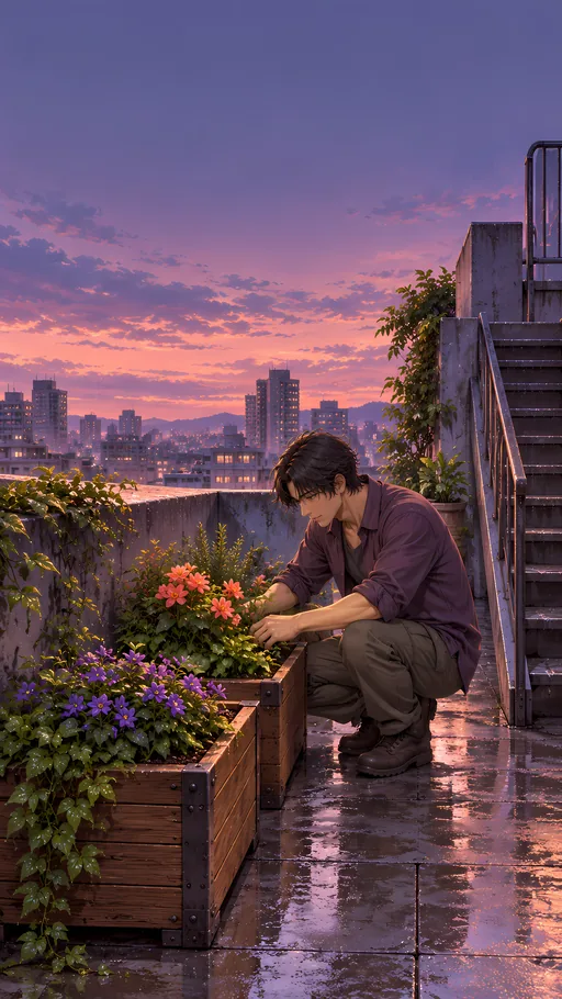 Rooftop Planters After Rain — Anime wallpaper