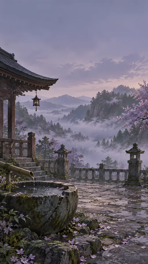 Shrine Courtyard in Fog — Anime wallpaper