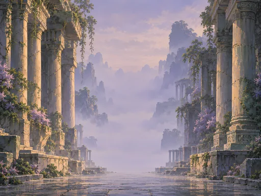 Temple Columns in Mist — Anime wallpaper