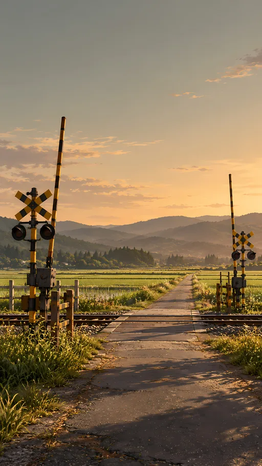Railway Crossing by Rice Fields — Anime wallpaper