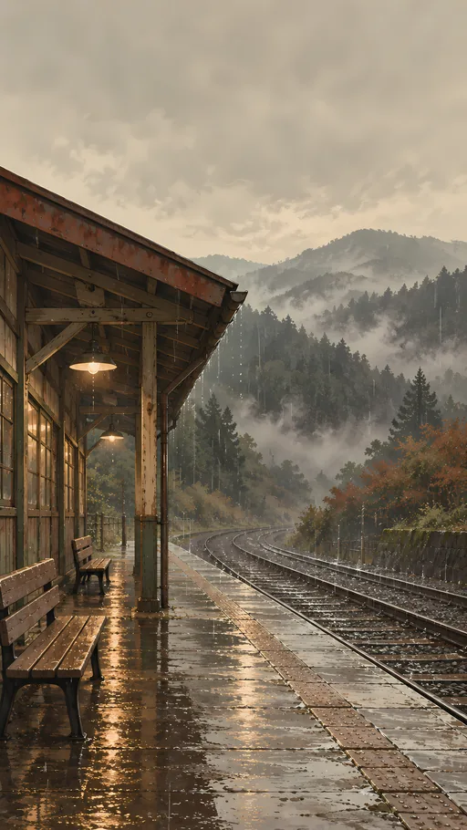 Hillside Station in the Rain — Anime wallpaper