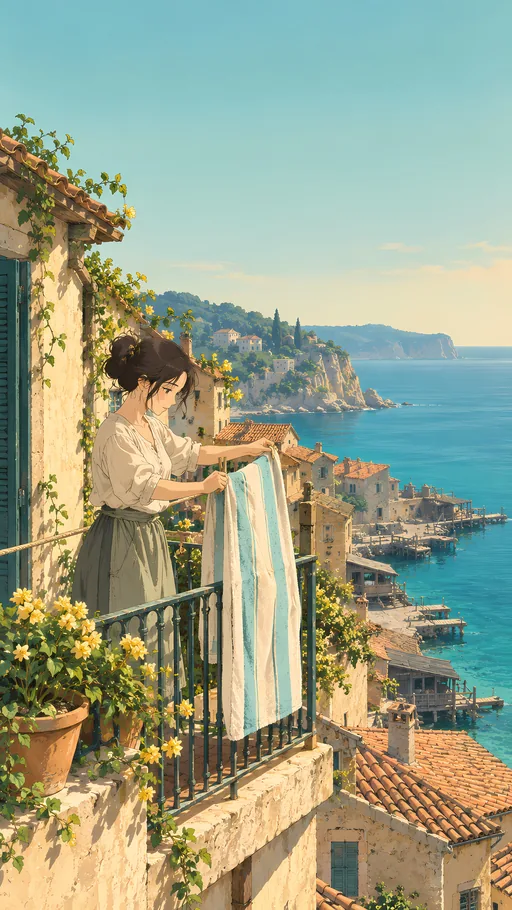 Striped Towel on the Balcony — Anime wallpaper