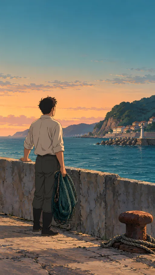 Fishing Net by the Seawall — Anime wallpaper