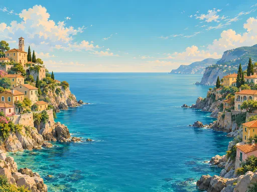 Headland Homes and Open Sea — Anime wallpaper