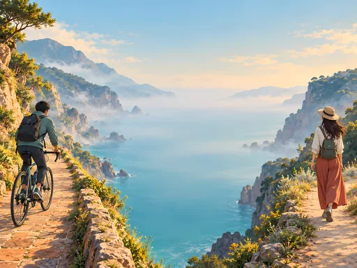 Cyclist and Walker in Sea Mist — Anime wallpaper