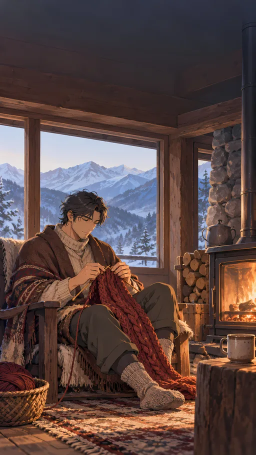 Knitting by the Lodge Fire — Anime wallpaper
