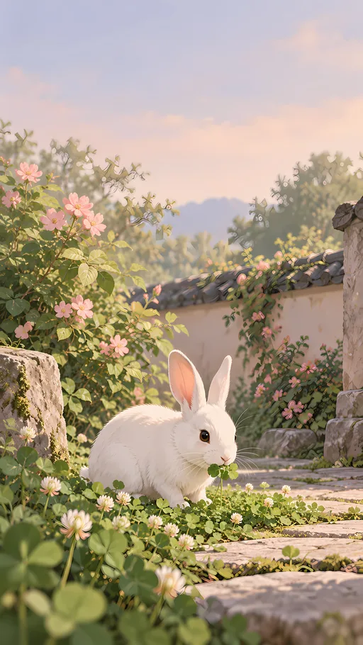 White Rabbit and a Clover Stem — Anime wallpaper