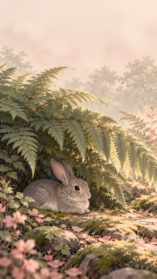 Grey Rabbit Under a Giant Fern — Anime wallpaper