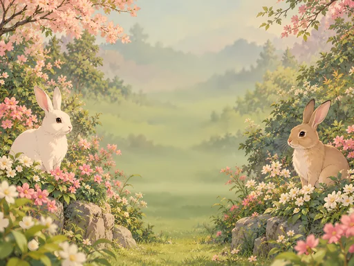 Two Rabbits in the Flower Beds — Anime wallpaper