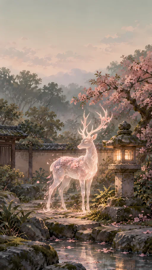 Deer Spirit by the Stone Lantern — Anime wallpaper