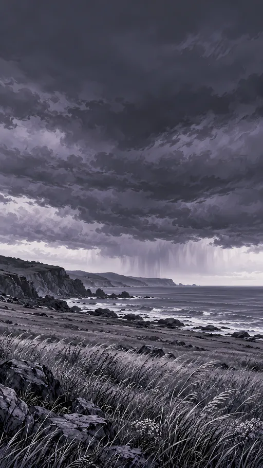Coastal Field Under Storm Clouds — Anime wallpaper