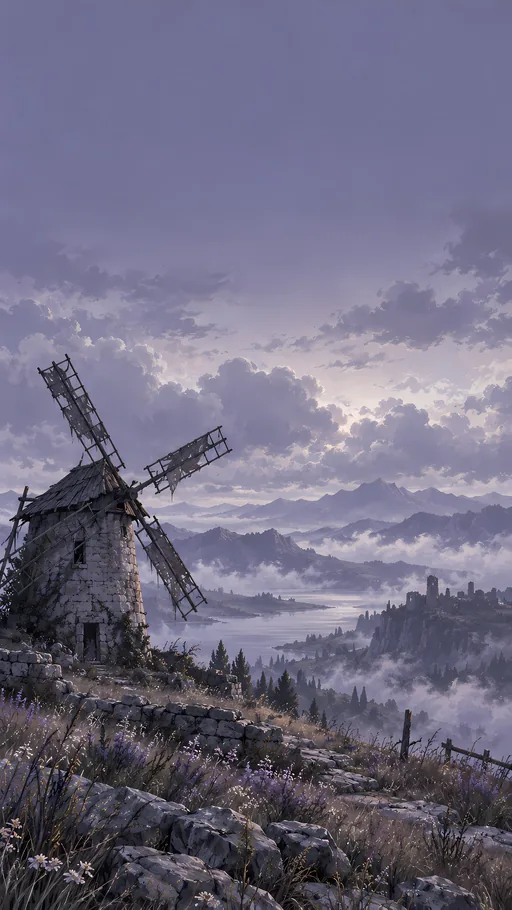 Abandoned Windmill in the Haze — Anime wallpaper