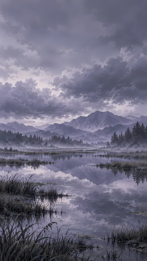 Marsh Under Grey Storm Clouds — Anime wallpaper