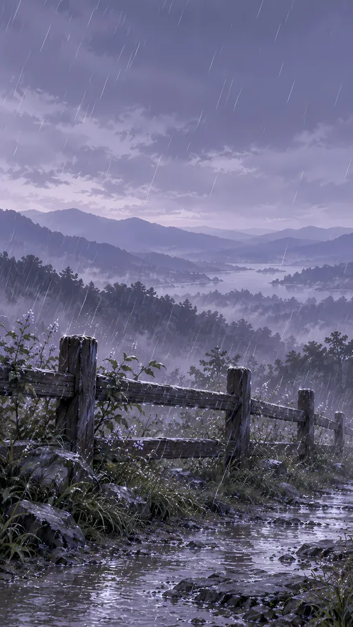 Rain Past the Wooden Fence — Anime wallpaper