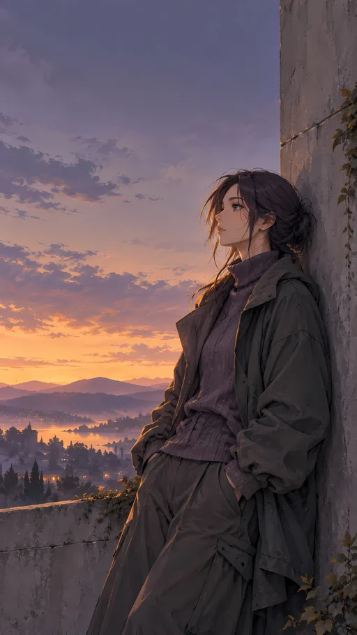 Oversized Layers by the Concrete Wall — Anime wallpaper