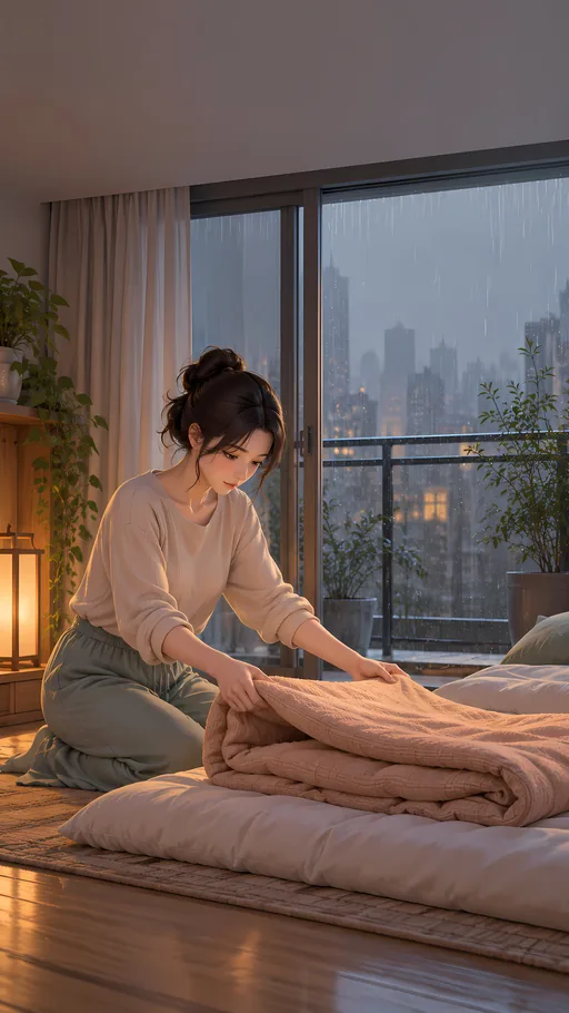 Folding Blankets by the Balcony — Anime wallpaper