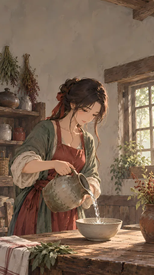 Pouring Water in the Cottage — Anime wallpaper