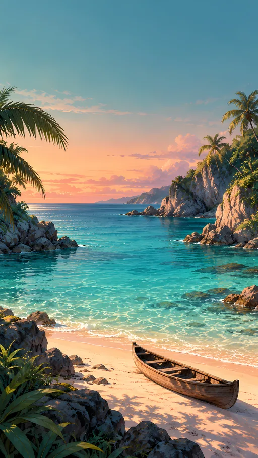 Tropical Cove with a Canoe — Anime wallpaper