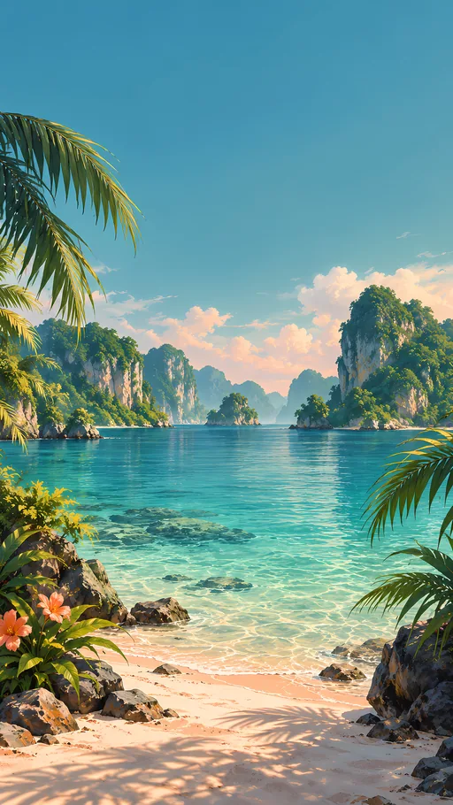 Lagoon Beneath the Palm Fronds — Anime wallpaper