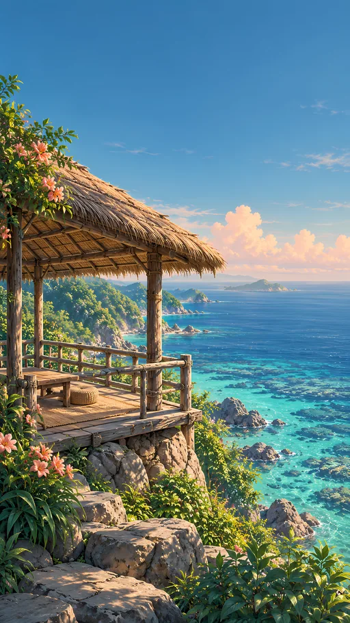 Thatched Shelter Above the Reef — Anime wallpaper