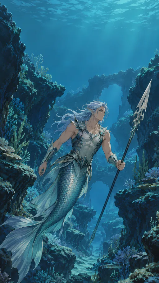 Merfolk Guard on the Reef — Anime wallpaper