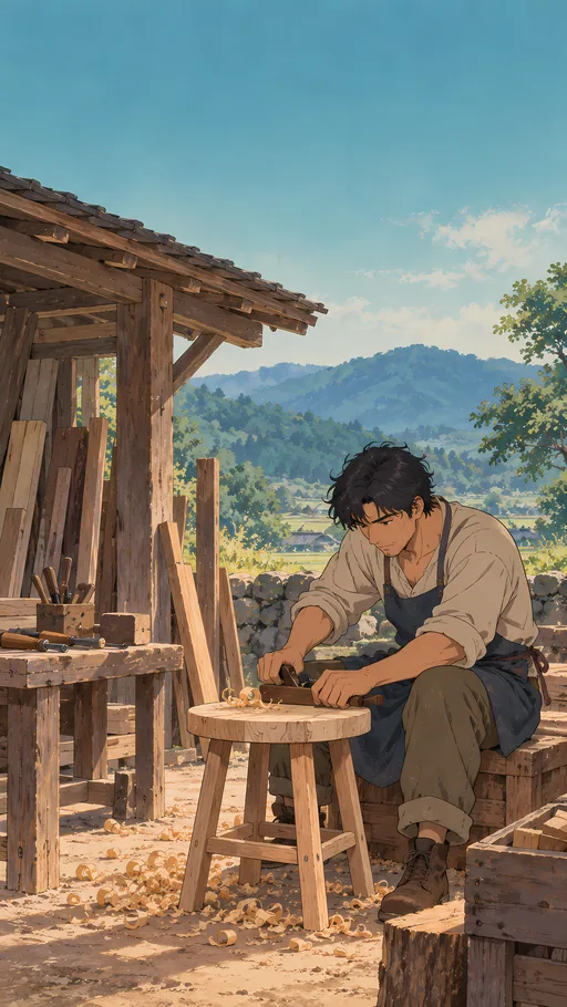 Carpenter Shaping a Stool — Anime wallpaper