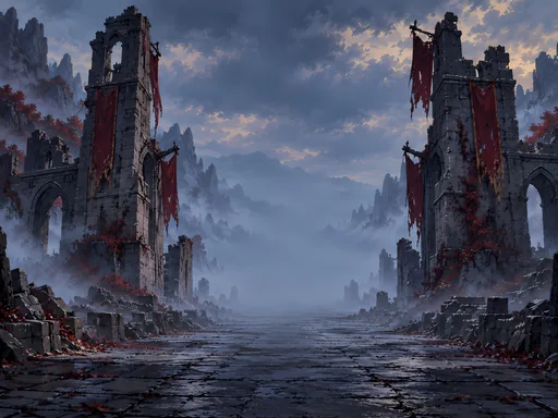 Ruined Gate Towers in Fog — Anime wallpaper