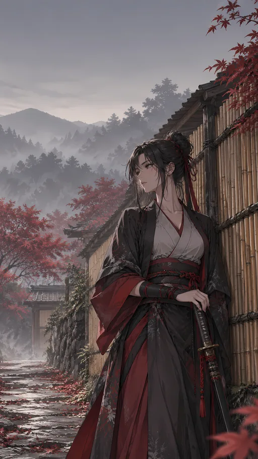 Swordswoman by the Bamboo Wall — Anime wallpaper