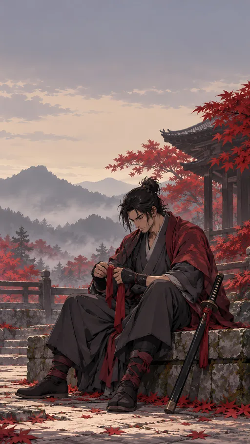 Swordsman Mending a Cloth Wrap — Anime wallpaper