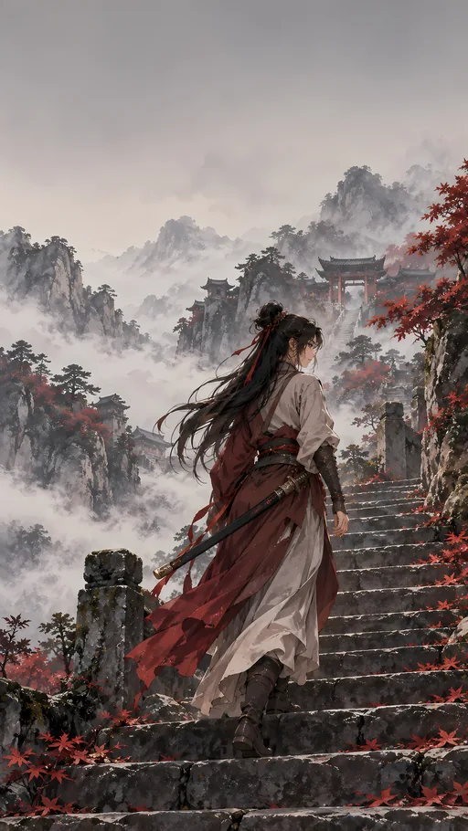 Swordswoman on the Misty Stair — Anime wallpaper