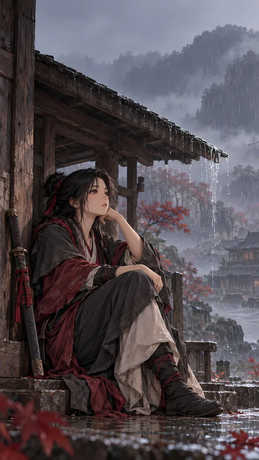 Resting Under the Rain Shelter — Anime wallpaper