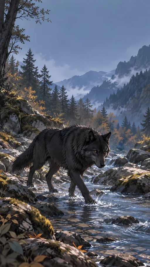 Black Wolf Crossing the Stream — Anime wallpaper