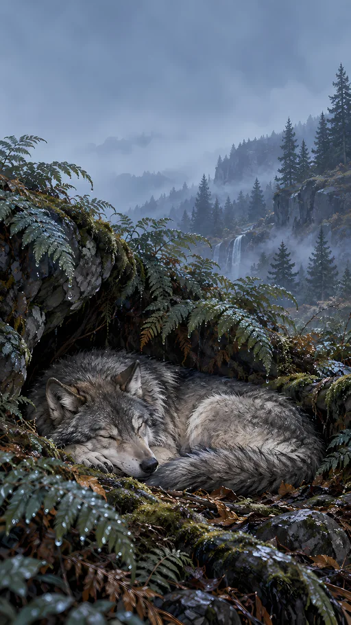 Grey Wolf Asleep in the Ferns — Anime wallpaper