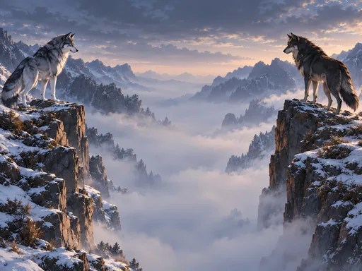 Two Wolves Above the Valley Fog — Anime wallpaper