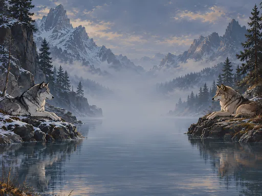 Two Wolves at the Lake — Anime wallpaper