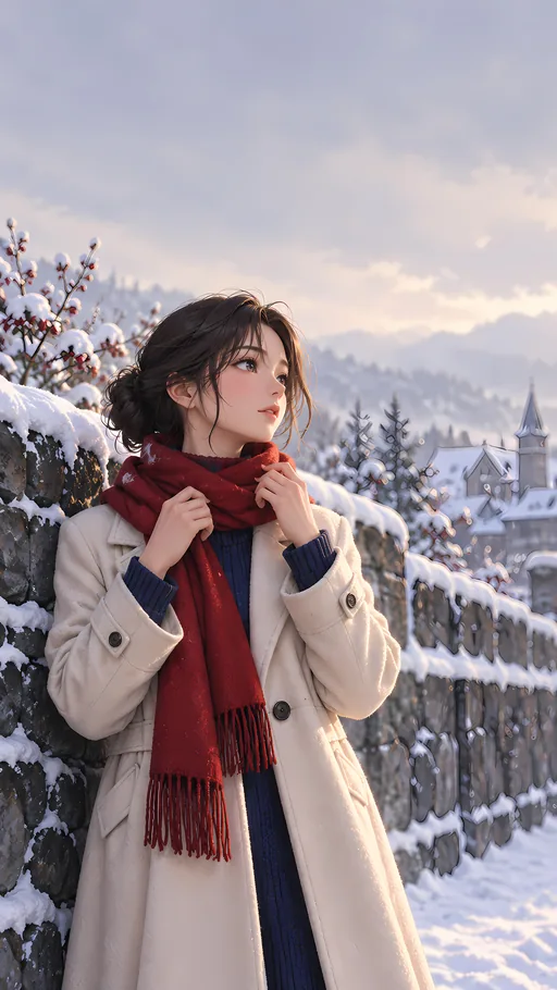 Scarf by the Snowy Wall — Anime wallpaper