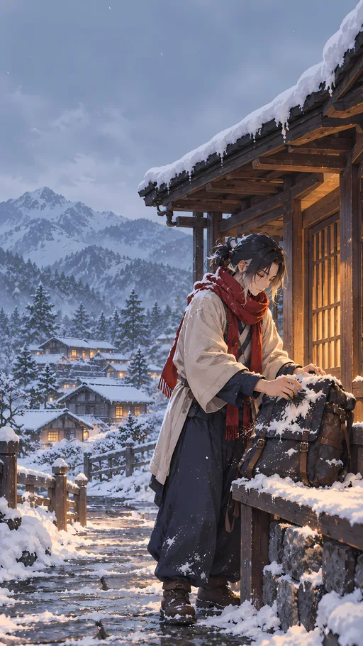 Brushing Snow from a Backpack — Anime wallpaper