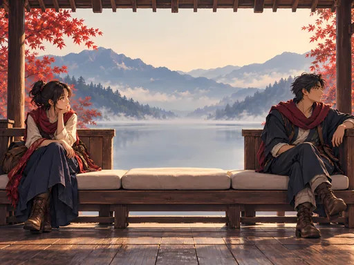 Travelers on the Lodge Bench — Anime wallpaper
