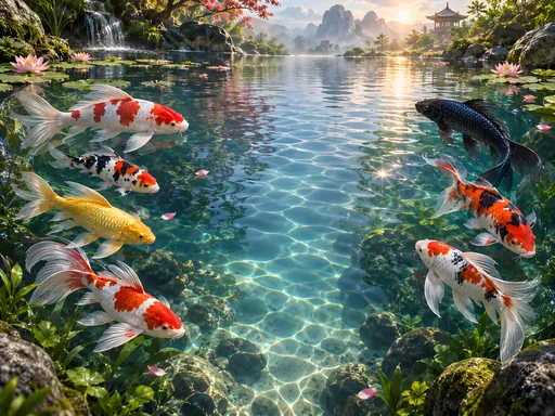 Koi Circling a Reflective Pond — Animals & Wildlife wallpaper