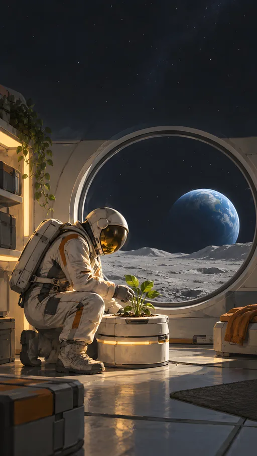 Astronaut Tending a Plant — Space wallpaper
