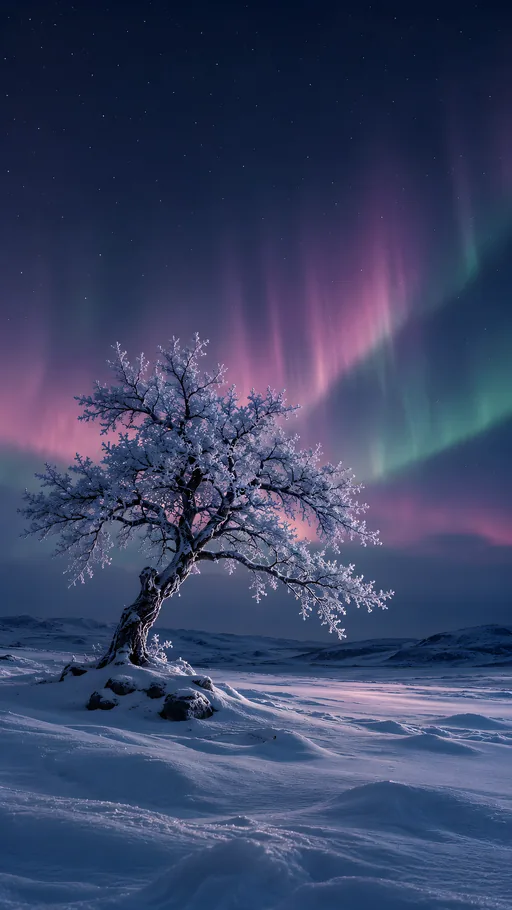 Ice Tree Under a Rose Aurora — Seasons & Weather wallpaper
