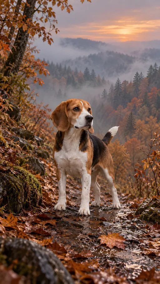 Beagle in Copper Woodland Fog — Pets wallpaper