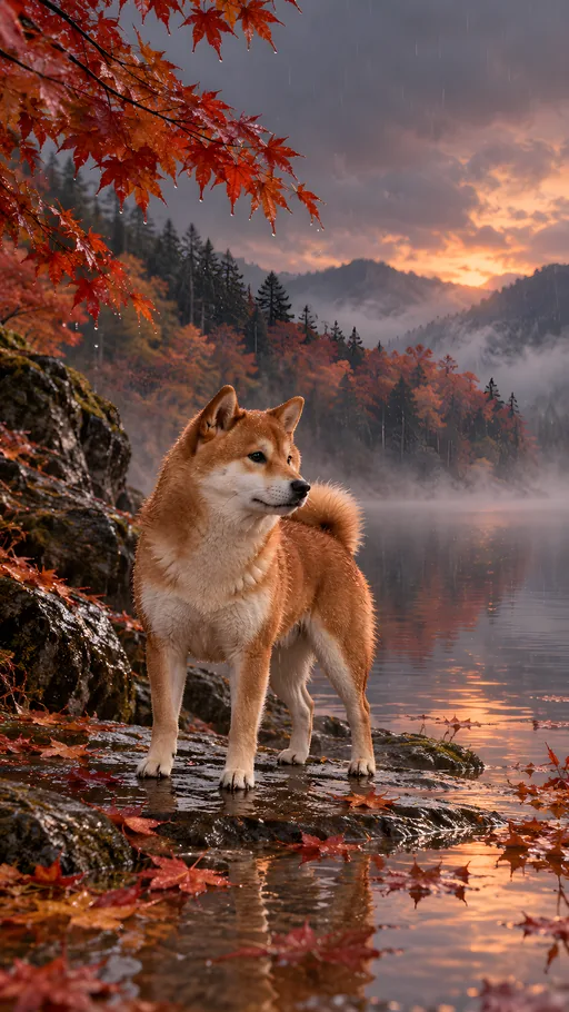 Shiba Inu in Autumn Rain — Pets wallpaper