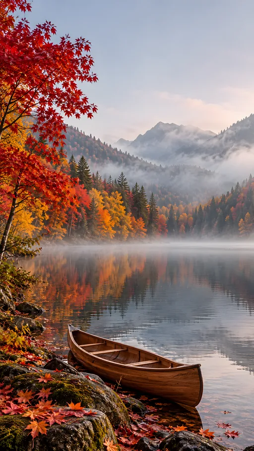 Misty Autumn Lake and Canoe — Seasons & Weather wallpaper