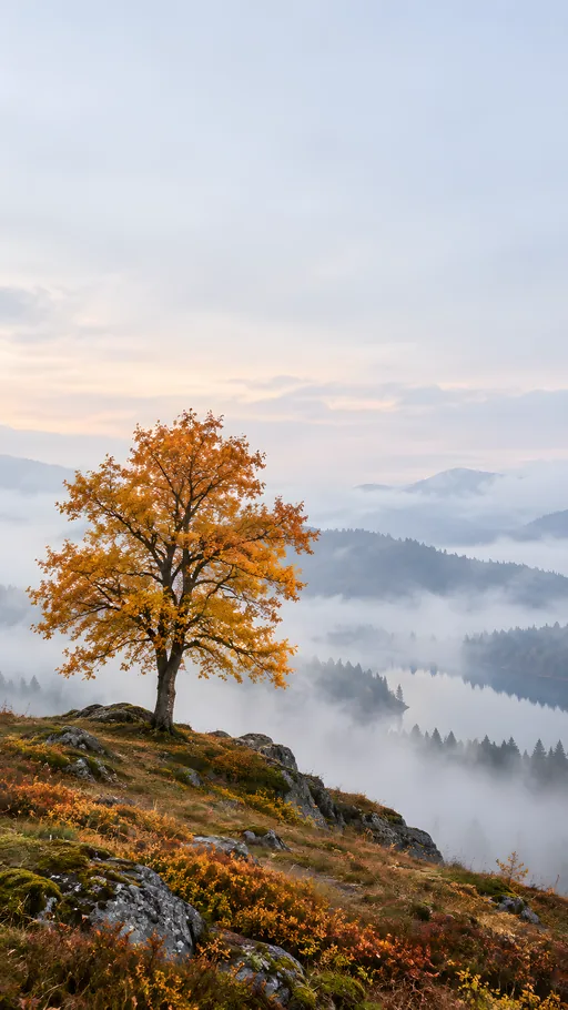 Lone Amber Tree in Fog — Seasons & Weather wallpaper