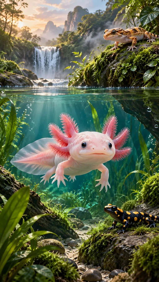 Pink Axolotl in an Aquascape — Animals & Wildlife wallpaper