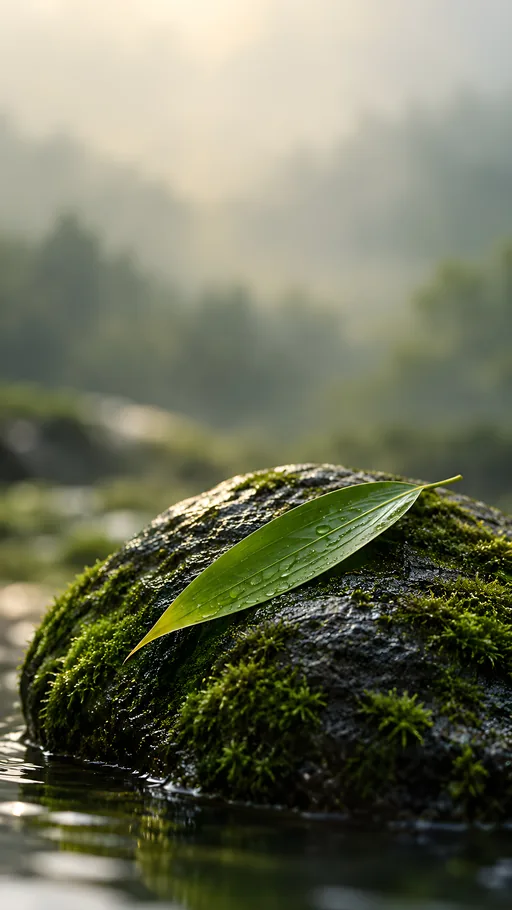 Bamboo Leaf on Mossy Stone — Nature & Landscapes wallpaper