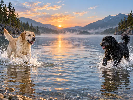 Dogs Splashing in the Lake — Pets wallpaper