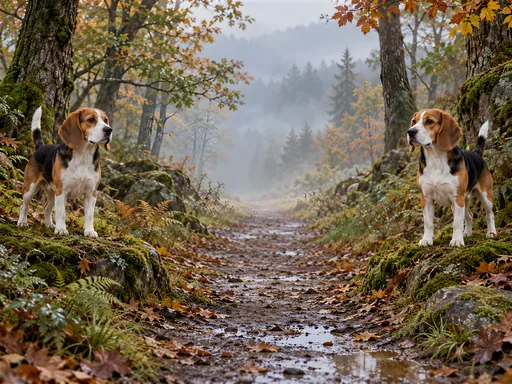 Beagles on a Woodland Path — Pets wallpaper